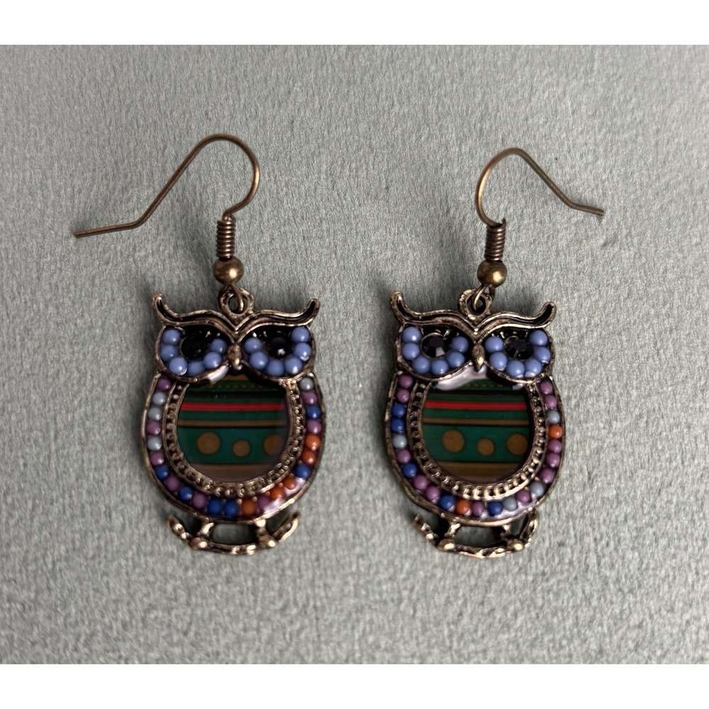 Handmade‎ cute owl hook drop dangle beaded earrings 2.75" P076